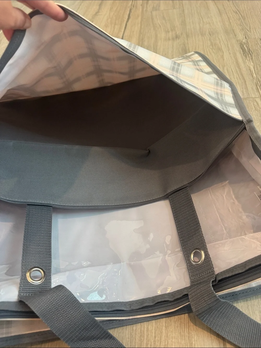 NEW in packaging- thirty-one Utility Storage Tote - Pale pink & Gray.